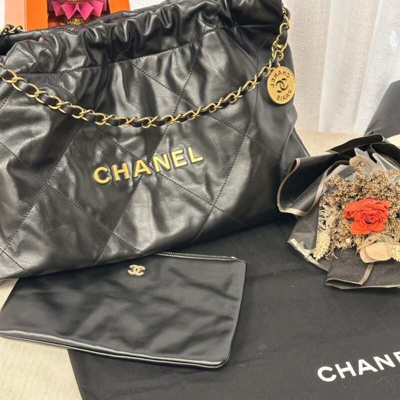 Chanel 香奈兒 橫版22bag 黑金垃圾袋(二手)